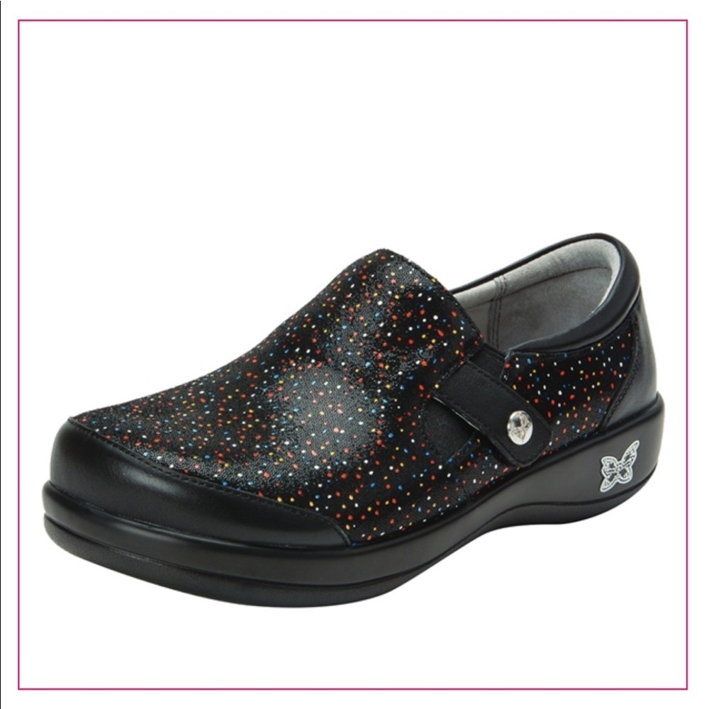 New Alegria Paityn Sprinkles Black polka dot shoe flat size 36 white black red